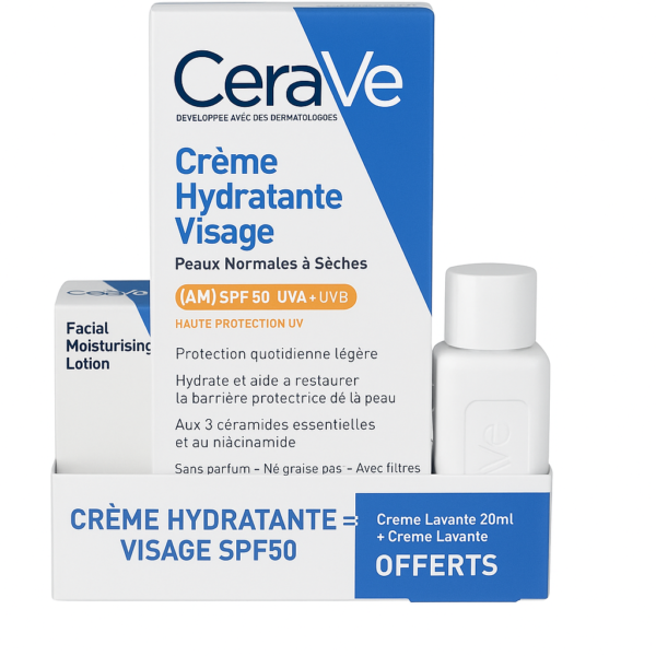 CeraVe Crème Hydratante Visage SPF 50 – Pack Offert